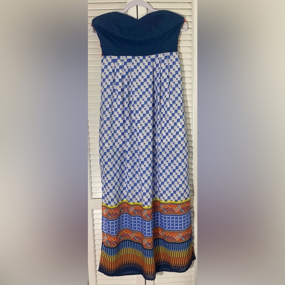 Jealous Tomato Dresses & Skirts - Jealous Tomato Strapless Maxi Dress, Sz M, Denim-like Top, Bright Flowing Skirt